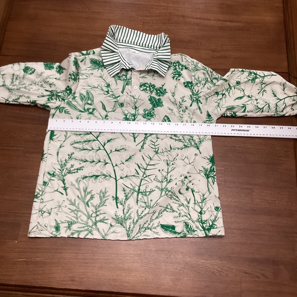 Botanical Herbal Print Long Sleeve Top Green Striped Accents Womens Medium - Picture 7 of 7